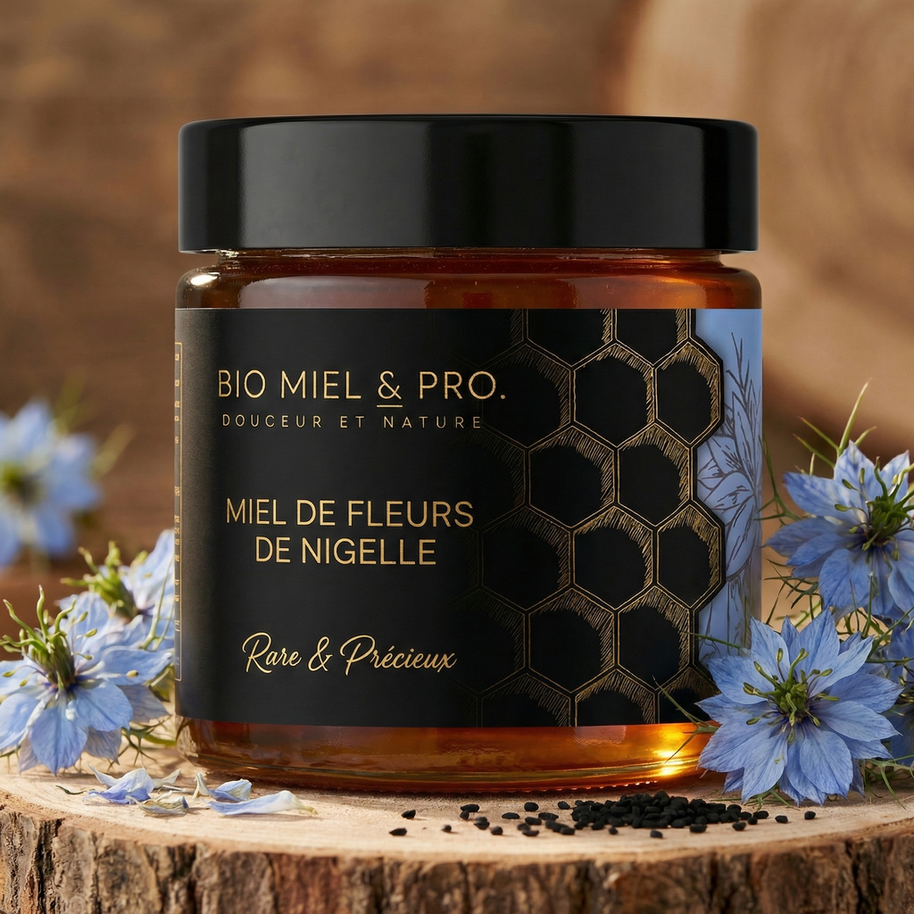 Pot de miel de nigelle d'Égypte 250g fleurs de Nigella sativa BioMiel & Pro