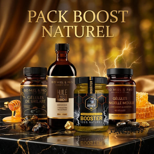 Complément alimentaire boost énergie naturel : Shilajit en gélules, Miel King Kong et synergie de Nigelle Sativa.