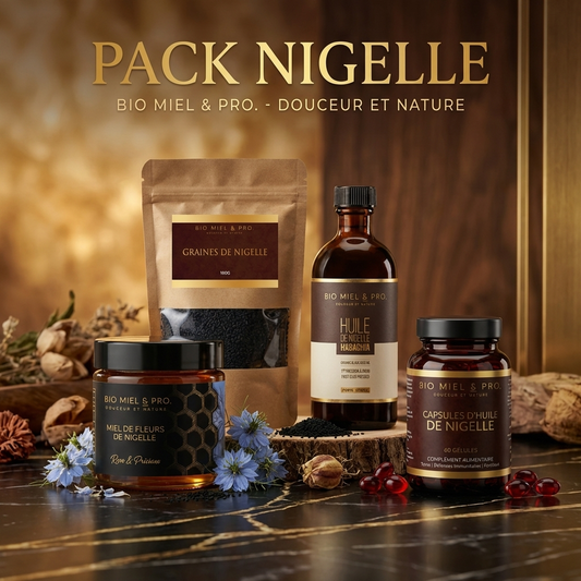 Pack complet Nigelle Éthiopie - Miel, Huile, Graines et Capsules - Biomiel and Pro